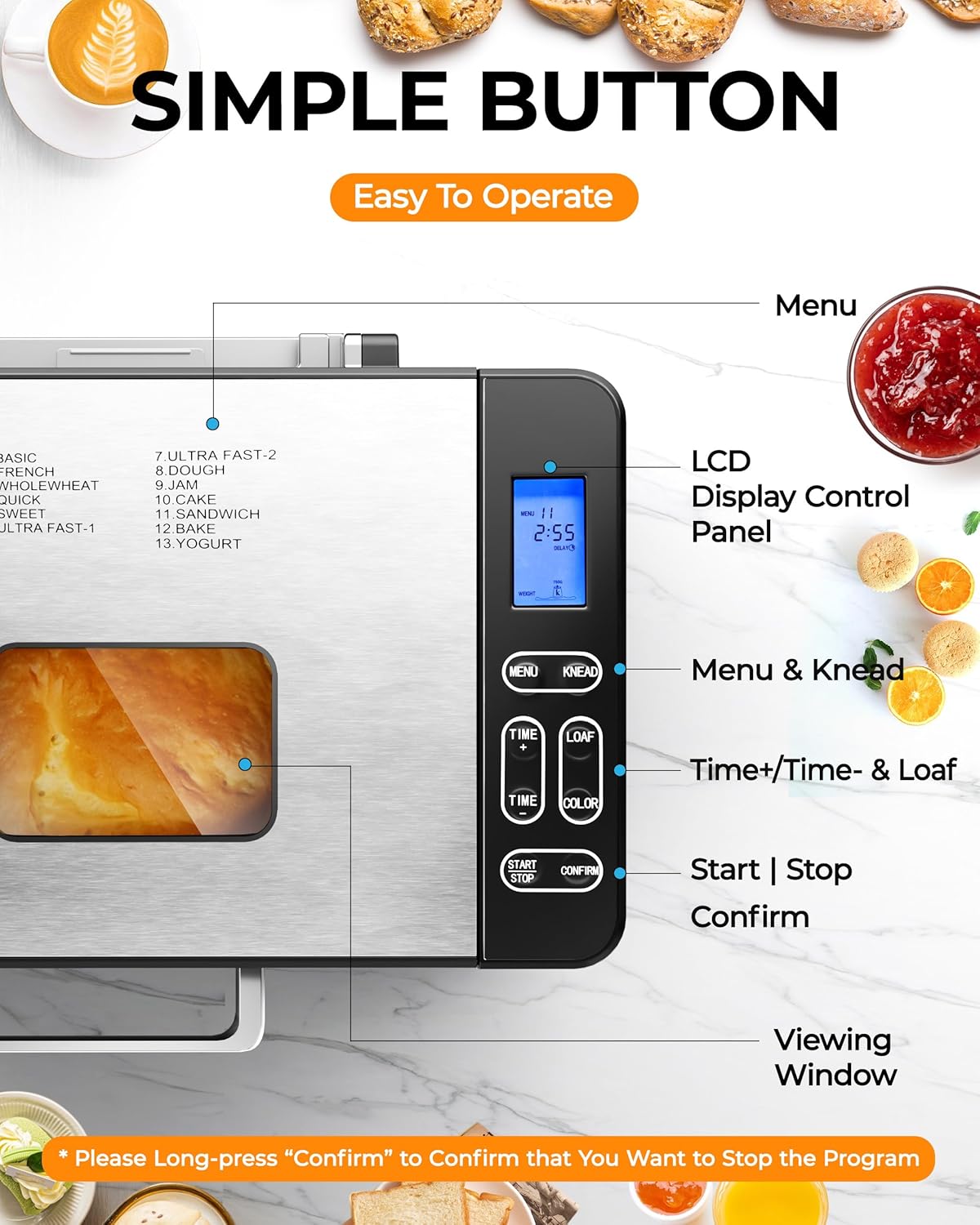 EUHOMY Bread Maker Machine 13-in-1 Bread Machine, Dough Maker, Auto Nut Dispenser & Ceramic Pan, 2LB and 3 Loaf Sizes & 3 Crust Colors, 650W Bread Machine with Keep Warm Set, Whole Wheat