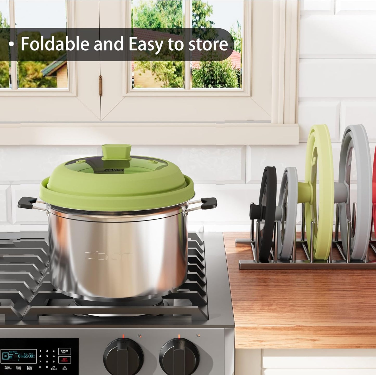 Microwave Splatter Cover, Vented Silicone and Glass Cover Splatter Guard Lid, Food Collapsible Plate Cover Lid with Easy Grip Handle. (Green, 9 inch)