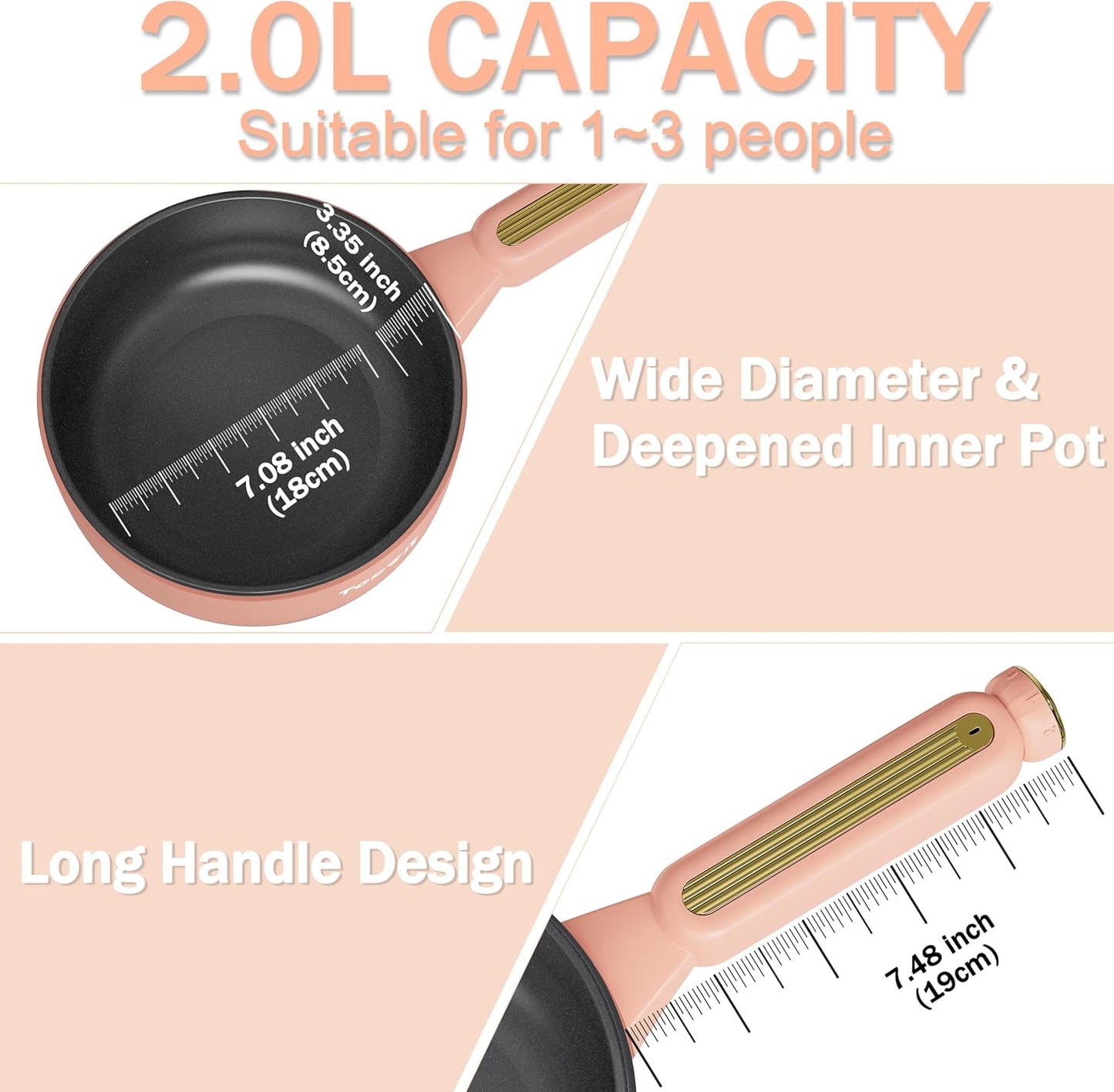 TOPWIT Hot Pot Electric, 𝟐𝐋 Electric Pot, Non-Stick Portable Cooker, Portable Hot Pot, Sauté Pan for Steak, Egg, Fried Rice, Ramen, Soup with Dual Power Control (Silicone Spatula Included), Peach