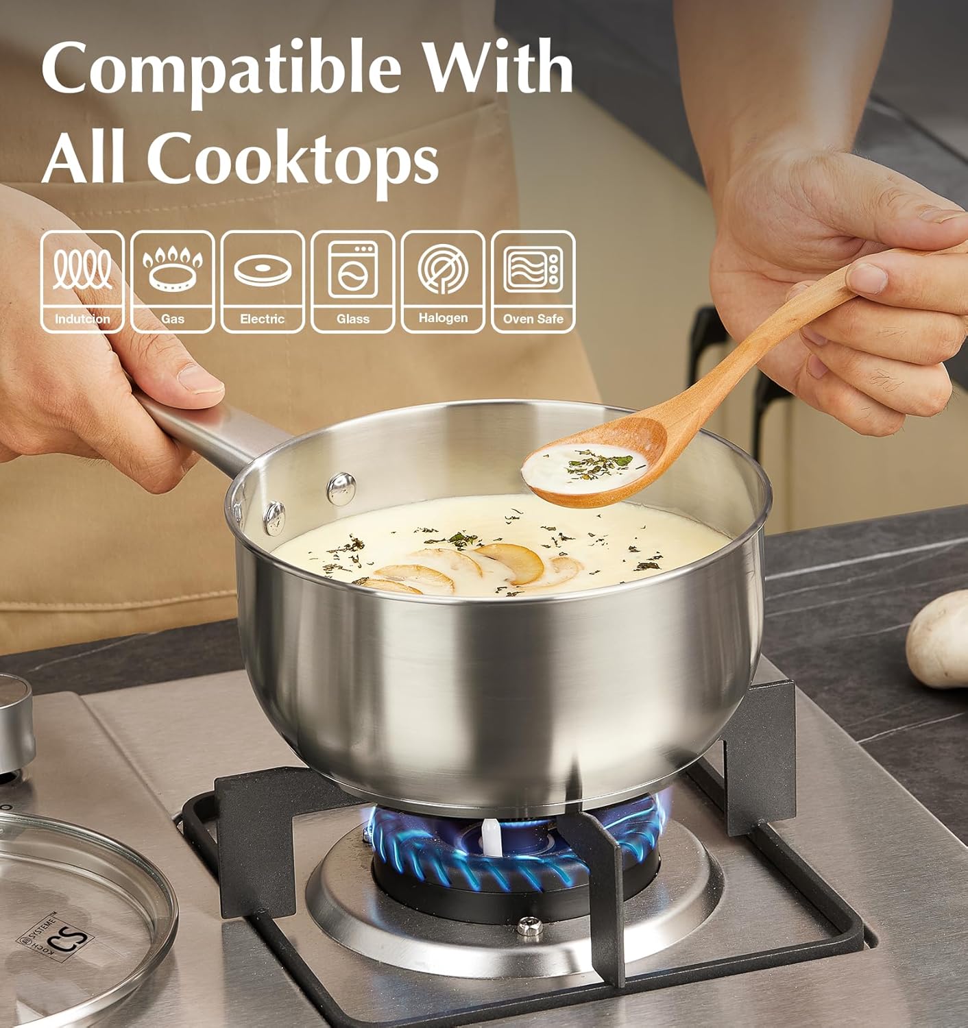 KOCH SYSTEME CS Stainless Steel Saucepan Set, 1QT & 2QT & 3QT Sauce Pan, Premium 18/10 Steel Sauce Pan Set, Induction Saucepans, Stainless Steel Pot Set 6 Piece, Easy to Clean, Oven Safe