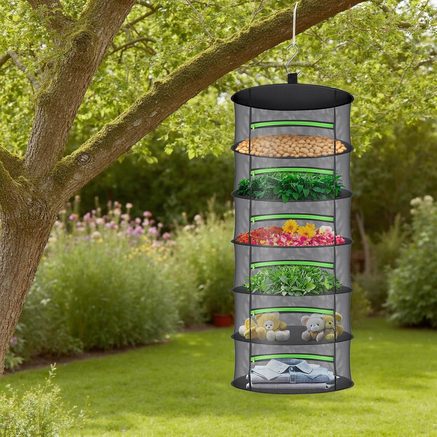 Herb Drying Rack with Mesh Design - Hanging Herb Dryer with Green Zipper for Garden, Home, Indoor or Outdoor Use (4layer)