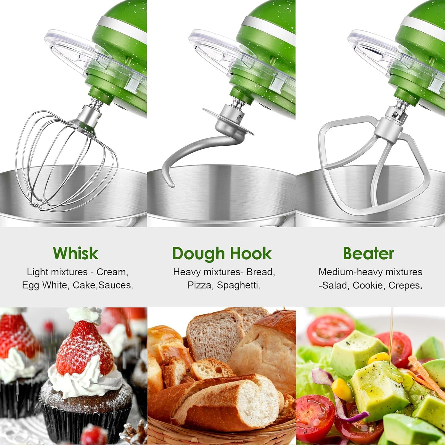 Aucma Stand Mixer,6.5QT 660W 6-Speed Tilt-Head Food Mixer, Kitchen Electric Mixer with Dough Hook, Wire Whip & Beater (Green-White, 6.5QT)