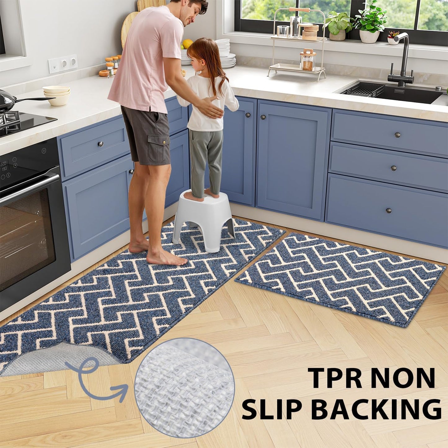 hicorfe Kitchen Rugs and Mats Sets,Non-Slip 2 Pieces Absorbent 100% Polypropylene Rug,Comfort Kitchen Runner Mat,Washable for Kitchen,Sink,Laundry(20" x 31.5" Plus 20" x 59",Navy Blue)