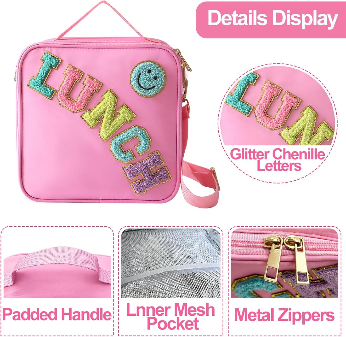 Insulated Lunch Bag With Adjustable Shoulder Strap, Nylon Preppy Lunch Box Large Insulated Lunch Bag Reusable Lunch Tote Bag with Smiley Preppy LunchBag for Girls School Travel Picnic (Pink)