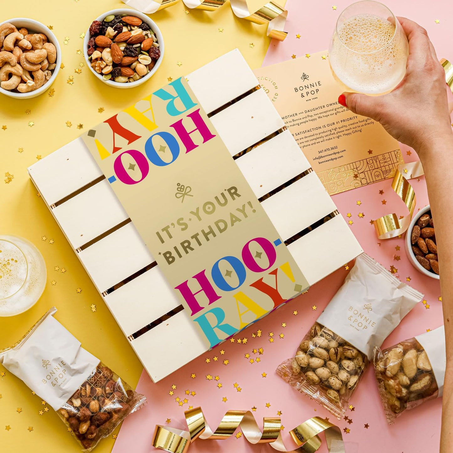 Happy Birthday Food Gift Basket, Healthy Nut Gift Tray, Birthday Snack Treat in Reusable Wooden Crate, Gourmet Assorted Food Delivery, Birthday Snack Box, For Men, Women and Families, Bonnie & Pop