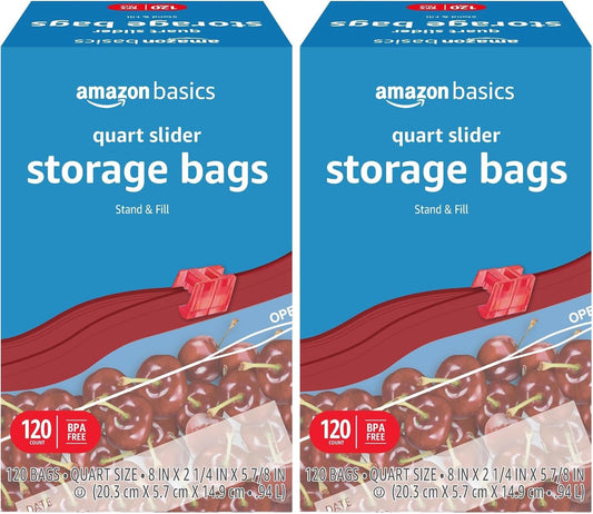 Amazon Basics Slider Quart Food Storage Bags, 120 Count (Previously Solimo) (Pack of 2)
