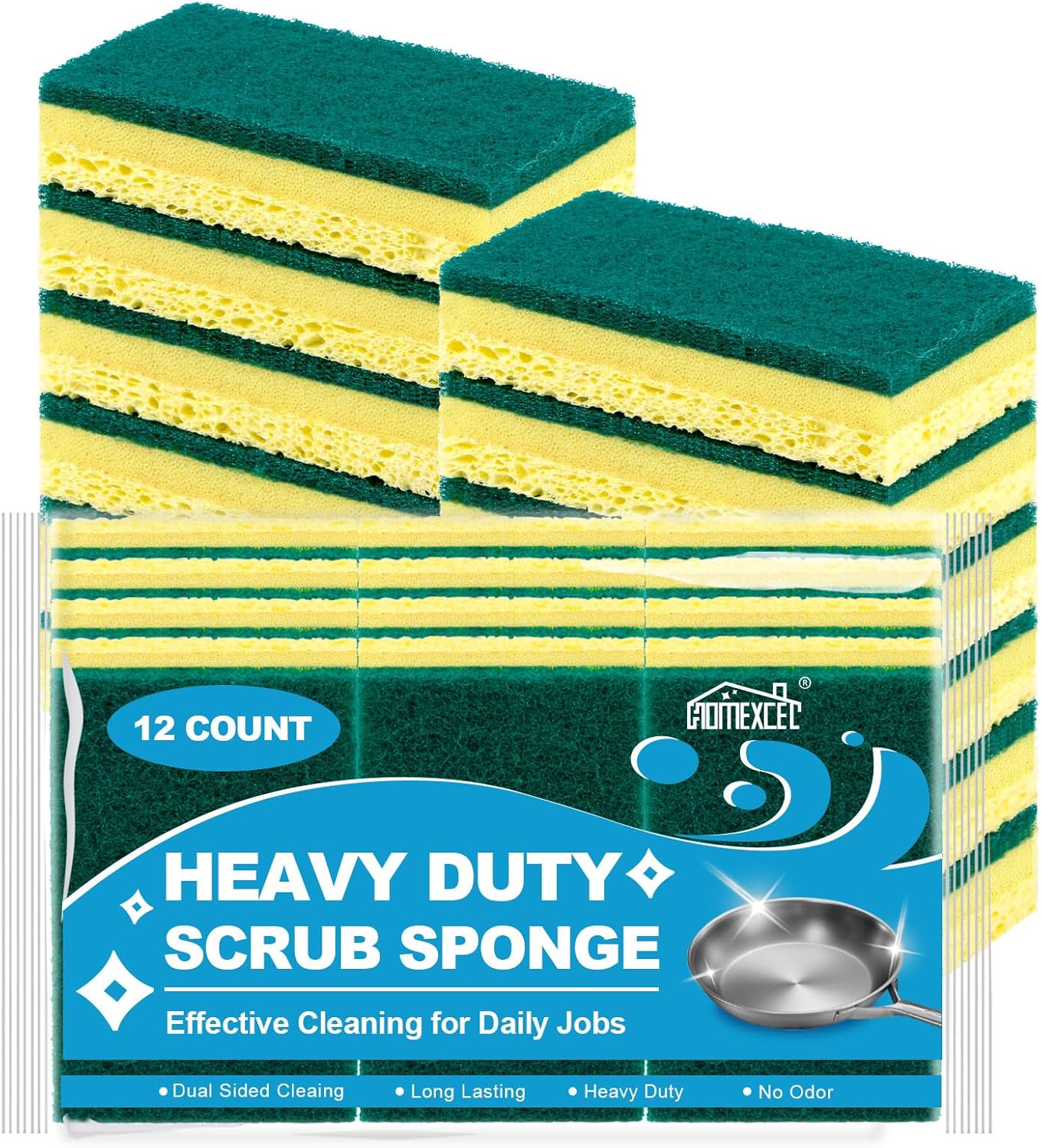 HOMEXCEL Sponges Kitchen 12pcs, Heavy Duty Sponges for Dishes, Scrub Cleaning Sponge for Non-Coated Cookware, Dishes, Pots, Pans, Dual Sided Dish Sponge for Kitchen, Household, Bathroom and More