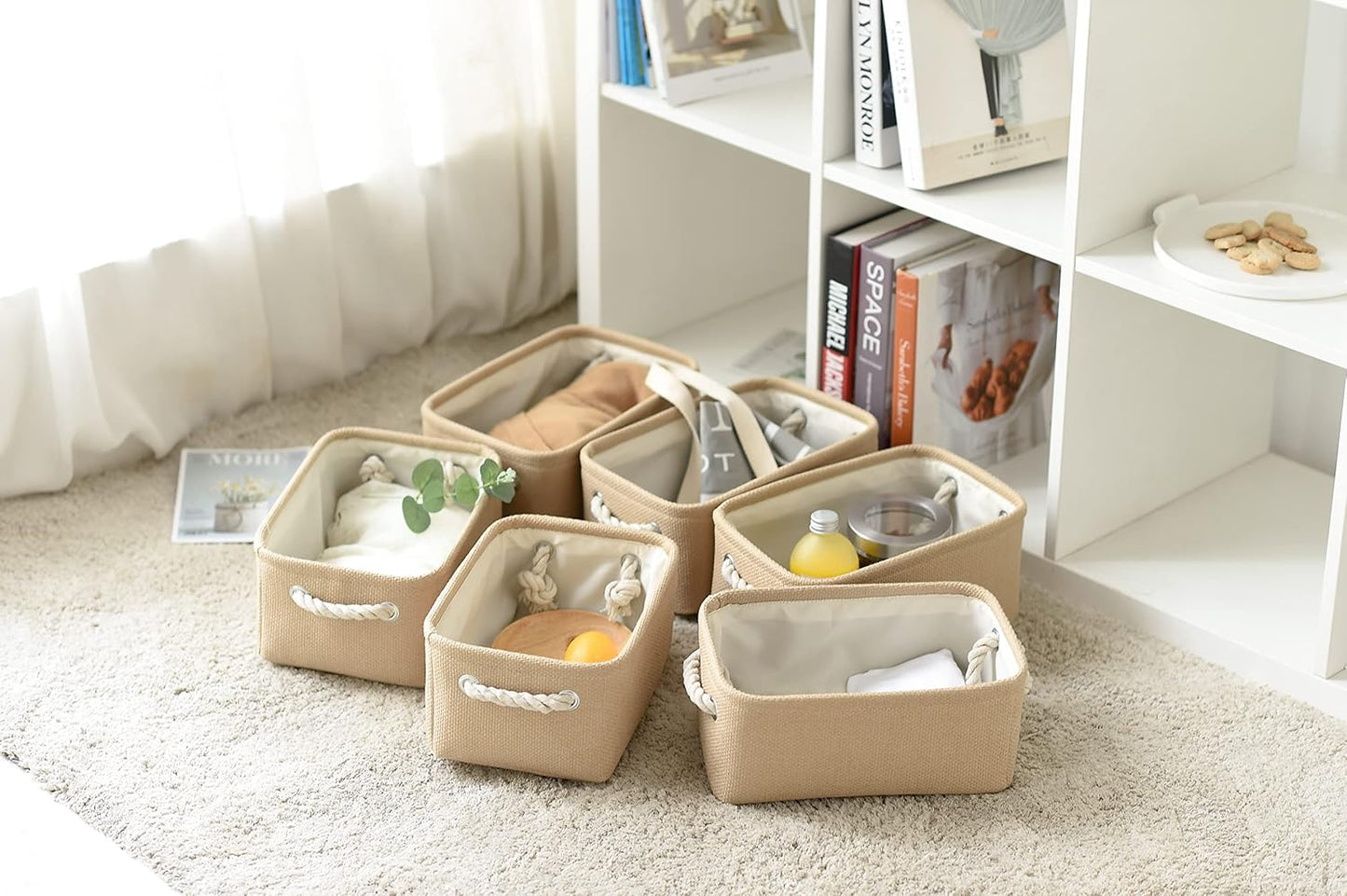 Organization and Storage Basket for Gifts Empty - 12x8x5.2 inch Small 6 Pack Collapsible Storage Box for Organizing, Fabric Storage Cubes for Cloth Books Laundry Canvas(Beige)