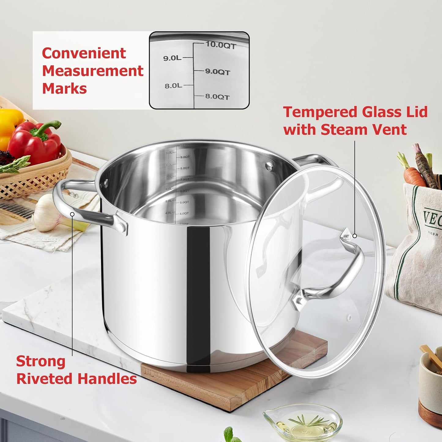 LIANYU 10 Quart Pot with Lid, 10 QT Tri-ply Stainless Steel Stockpot, Heavy Duty Deep Canning Soup Cooking Pot for Gas, Electric, Stoves, Induction, Riveted Handles, Dishwasher Safe