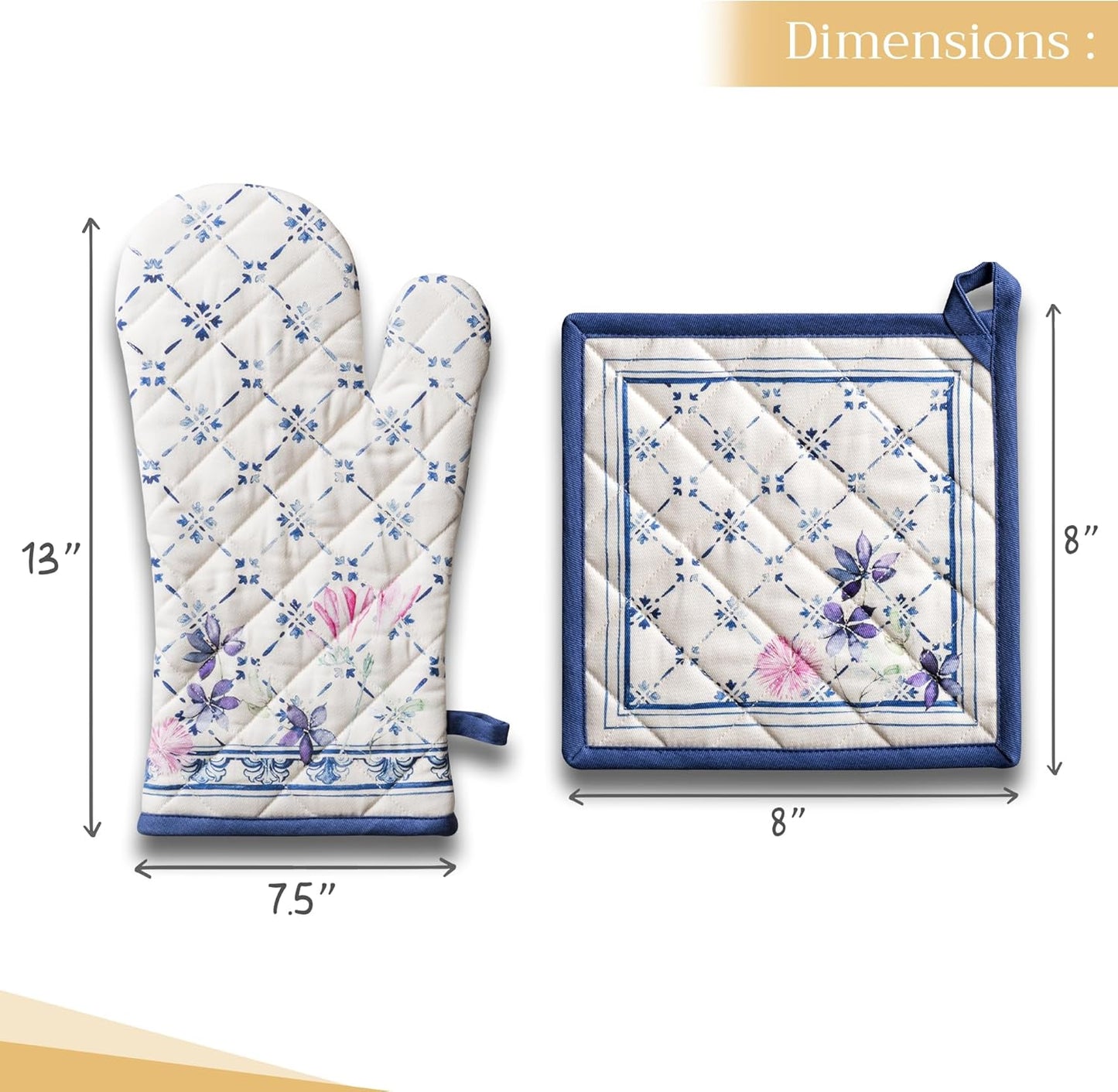 Maison d' Hermine 100% Cotton Oven Mitt & Pot Holder Set (7.5"x13" & 8"x8") Heat Resistant BBQ Cooking Gloves with Loop, Baking, Grilling, Kitchen, Handling Hot Pans Spring/Summer (Faience)