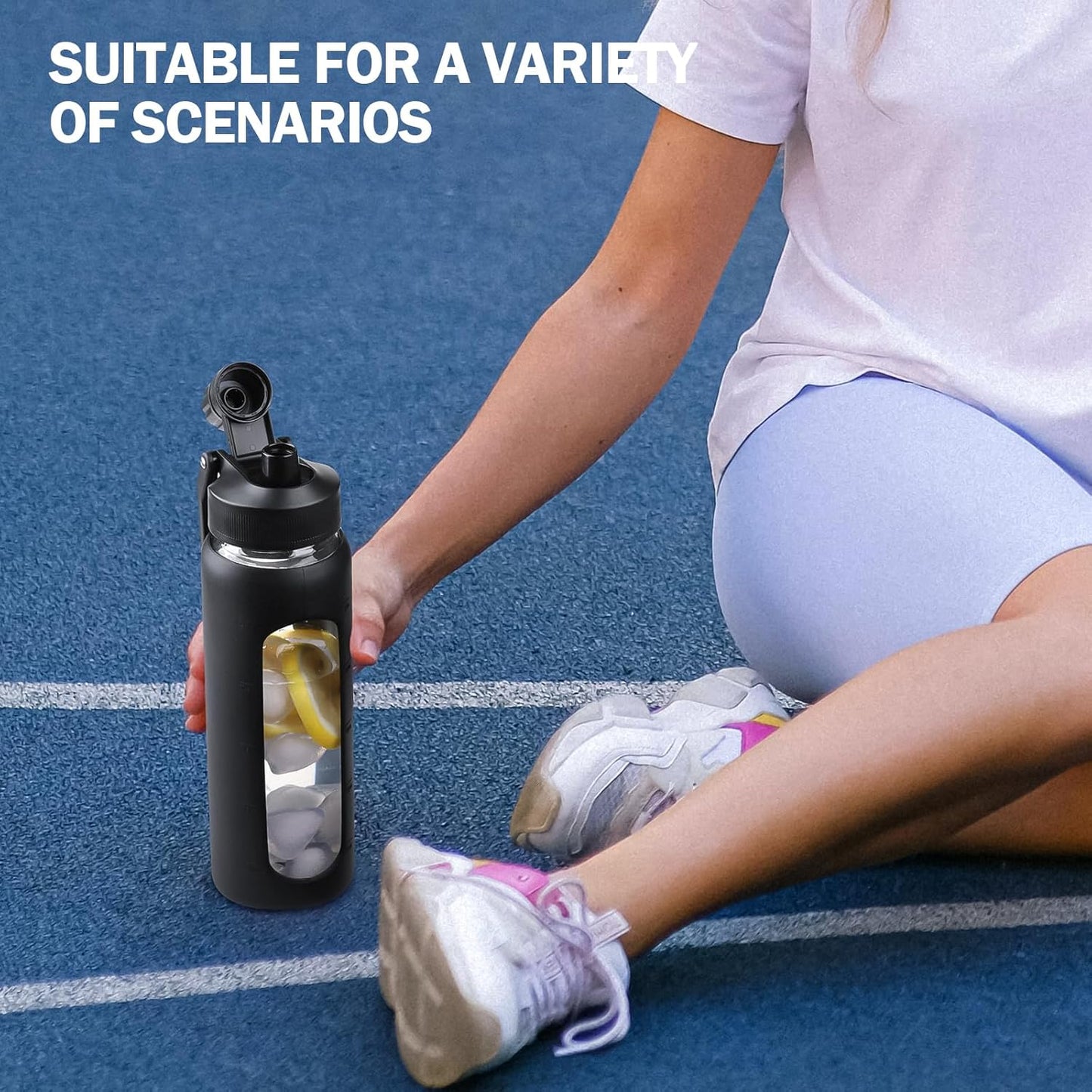 Glass Water Bottle with Straw, 24oz Glass Drinking Bottle with 2 Lids-Bamboo and Spout Lid with Phone Holder Handle for Gym Sports,with Silicone Sleeve and Time Marker,Black