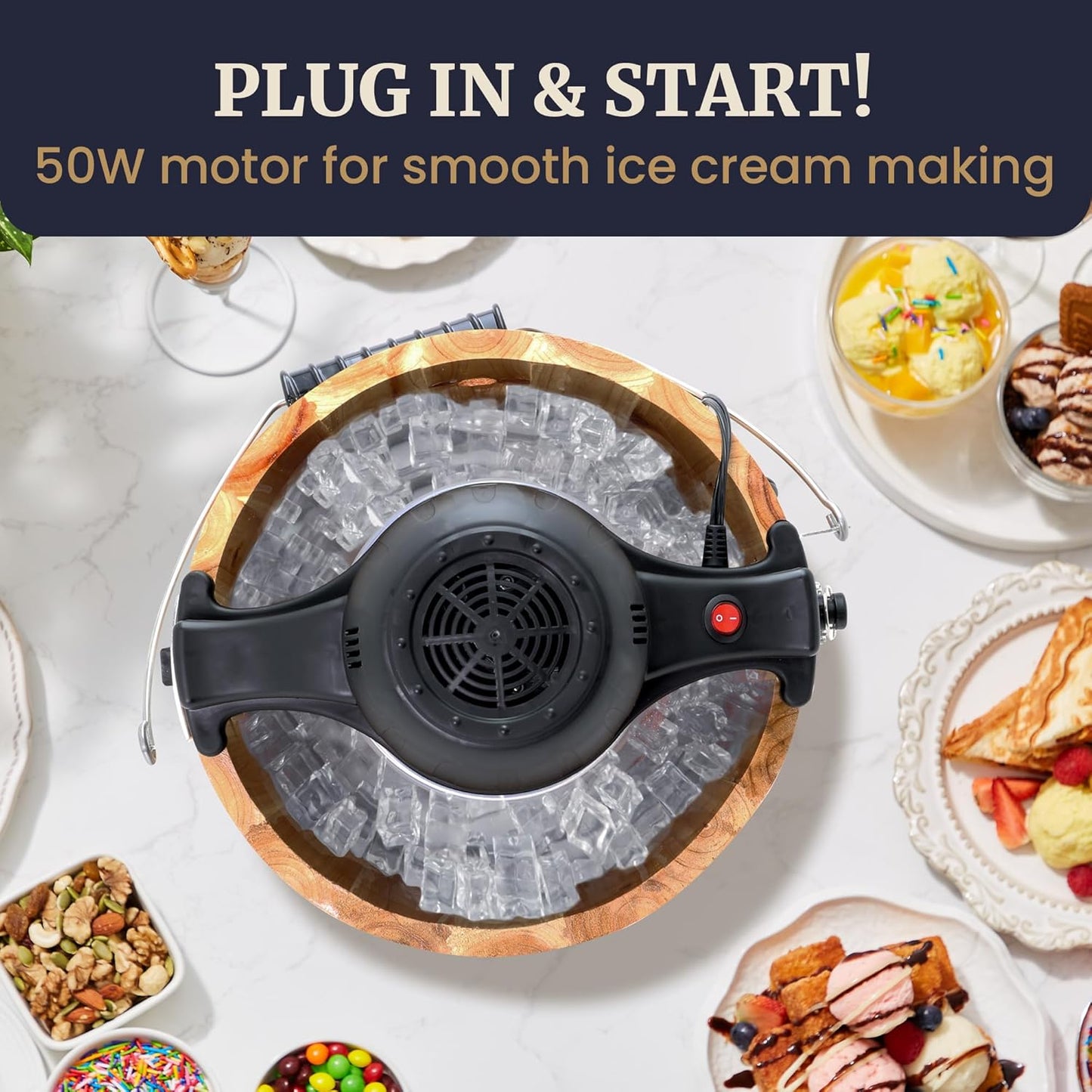 Elite Gourmet EIM916 Old Fashioned 6 Quart Vintage Wood Bucket Electric Ice Cream Maker Machine Appalachian, Bonus Classic Die-Cast Hand Crank for Churning, Uses Ice and Rock Salt