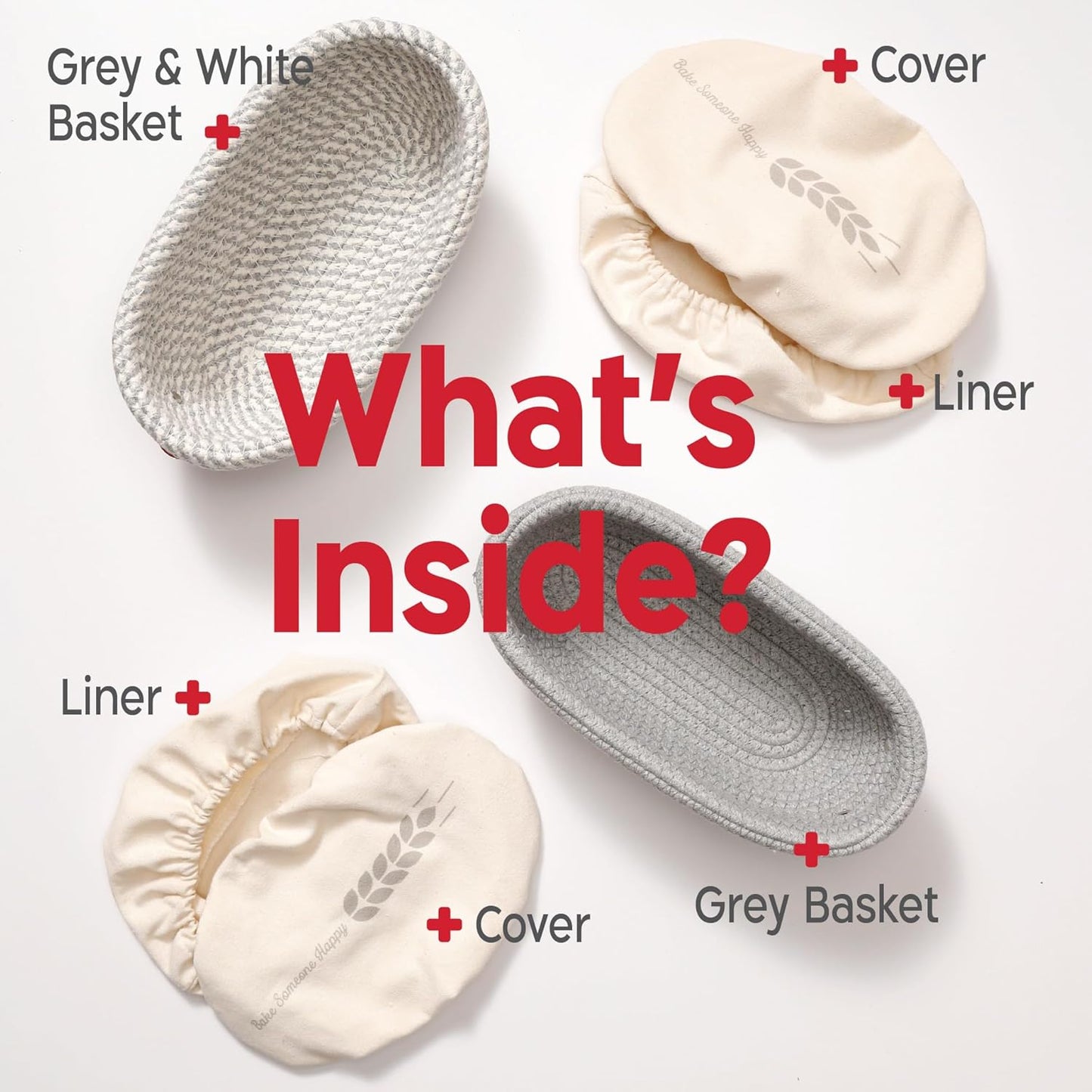 Cotton Rope Banneton Bread Proofing Basket Set, 2 x Oval Bread Basket with Liners & Covers for Artisan Bread Baking, Sourdough Bread Baking Supplies