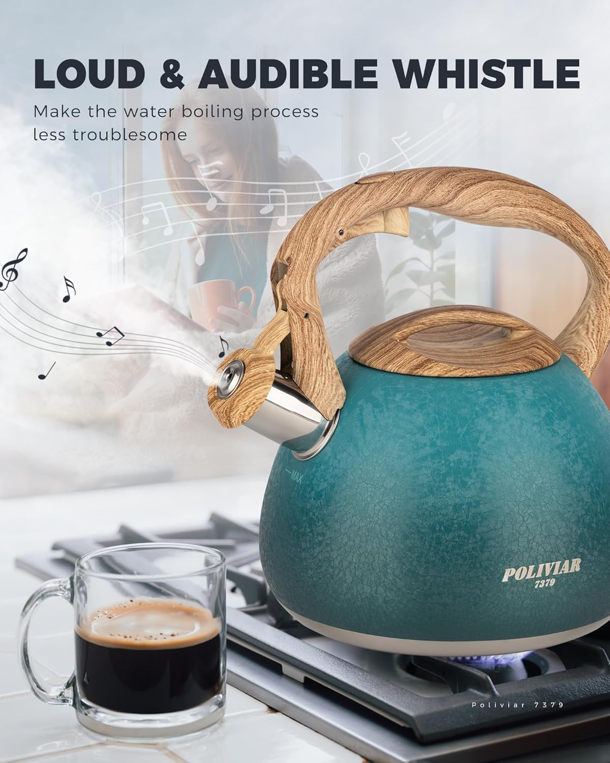 POLIVIAR Tea Kettle, 2.7 Quart Stovetop Tea Kettle, Audible Whistling Teapot with Crackle Finish, Food Grade Stainless Steel for Anti-Rust, Anti Hot Handle, Suitable for All Heat Sources (JX2023-LYD)