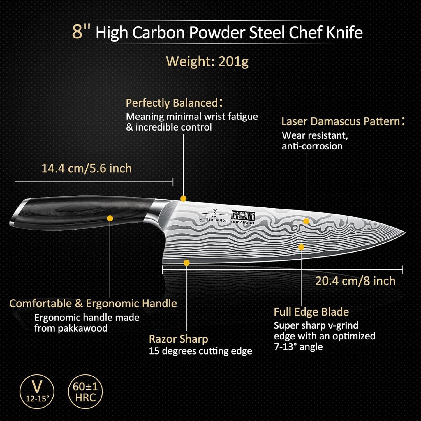 HOSHANHO 8 Pieces Knife Set with Magnetic Block, Ultra Sharp Powder Steel Knife Block Set, Professional Chef Knife Sets with Ergonomic Handle & Knife Sharpener