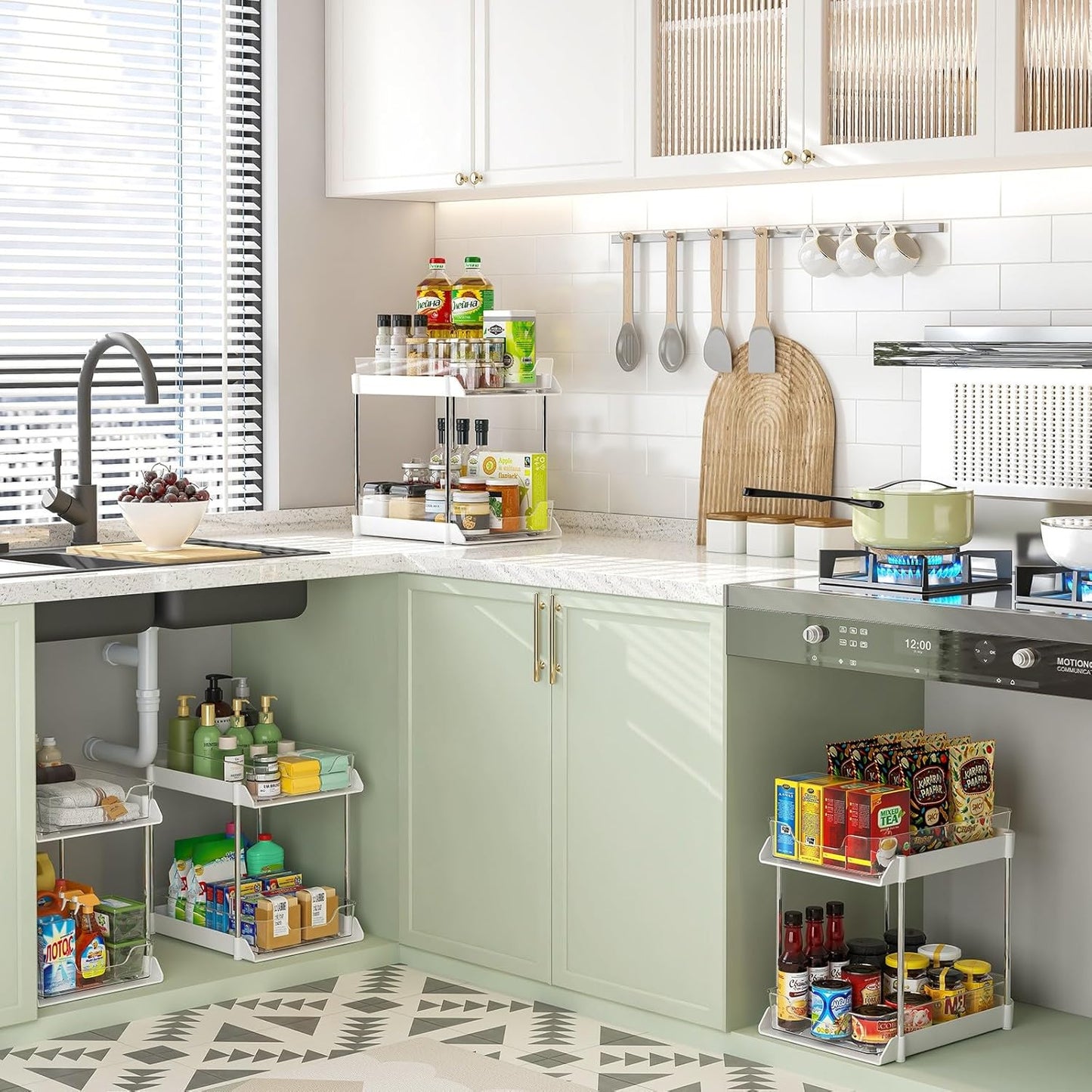 JLKDQ 4 Pack Bathroom Under Sink Organizers and Storage, 2-Tier Pull Out Cabinet Organizer and Medicine Storage Shelf,Fit Cabinets, Kitchens,Food Pantry. (White&Clear,10.63" L x 8.0" W x 8.46" H).