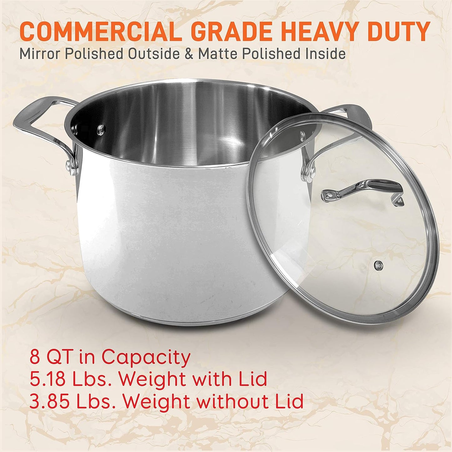 NutriChef 8-Quart Stainless Steel Stock Pot - 18/8 Food Grade Stainless Steel Heavy Duty Induction - Stock Pot, Stew Pot, Simmering Pot with See-Through Lid, Dishwasher Safe - NCSP8