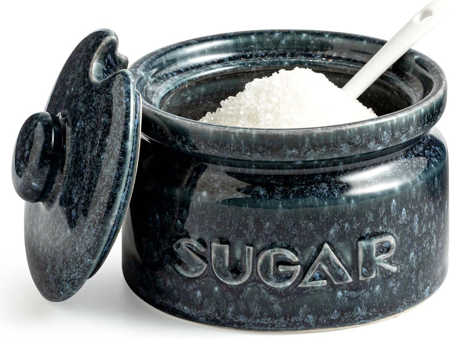 Gomakren Sugar Bowl with Lid and Spoon, Sugar Container Sugar Dish 10oz, Ceramic Sugar Jar for Coffee Bar, Kitchen, Countertop - Modern Farmhouse Kitchen Christmas Decor, Blue