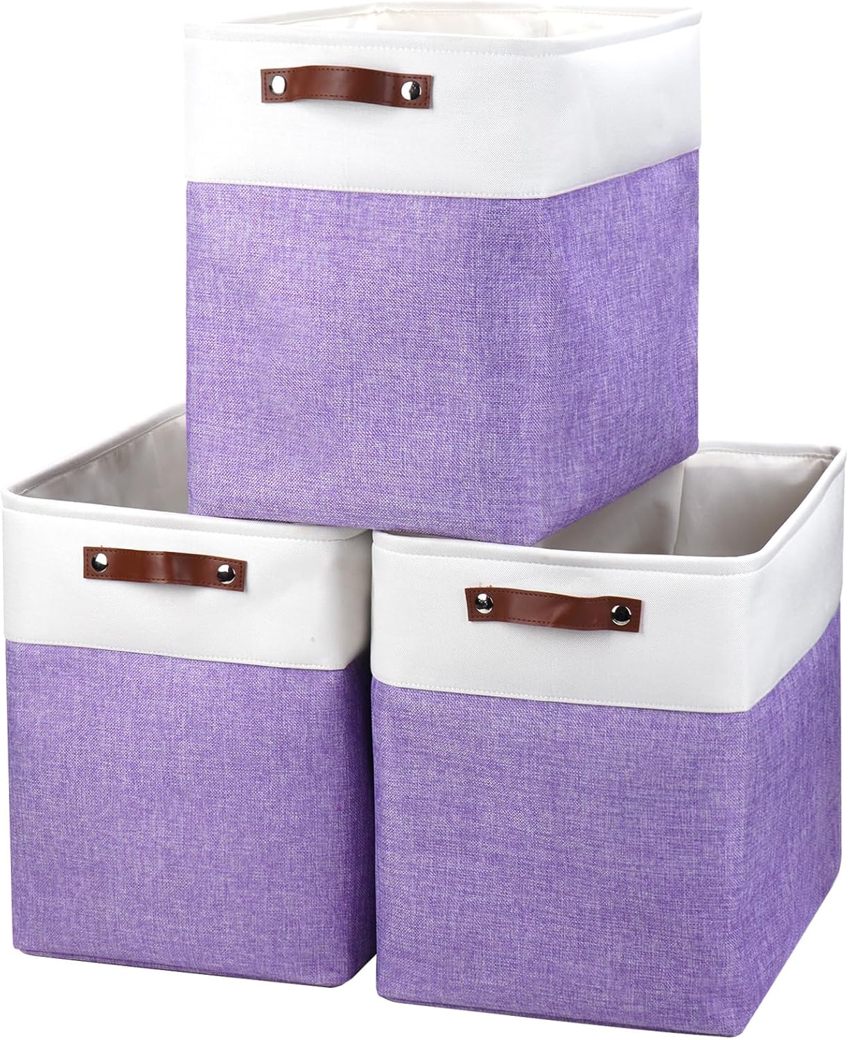 Large Fabric Storage Baskets | 50L Storage Bins, Decorative Linen Closet Baskets with Handles for Organizing, Shelf, Toys, Clothes, Home, Office, Nursery, 17x12x15Inches (Purple&White)