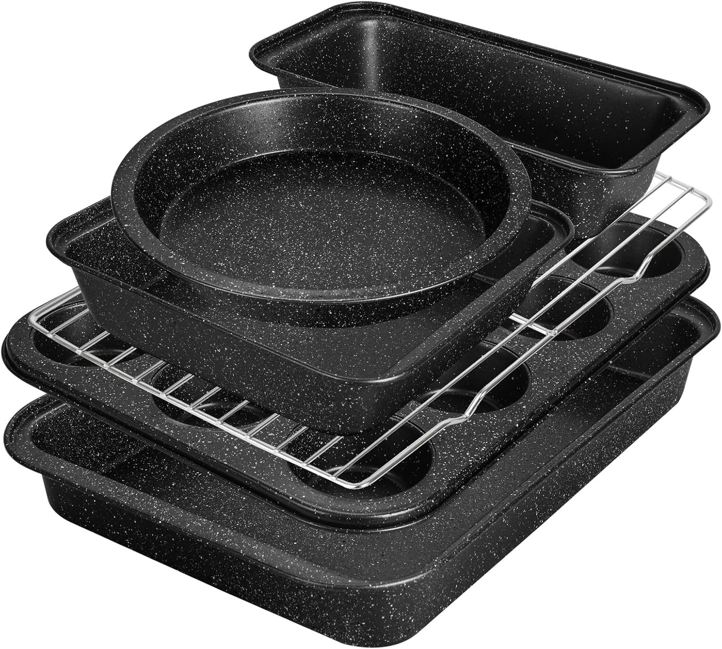 Bakeware Sets 6 Pcs, Non Stick Baking Pans Set, Black Speckled Kitchen Baking Set, Stackable Storage, Easy Clean & Even Heating, with Cooling Rack, Cake, Muffin, and Loaf Pan