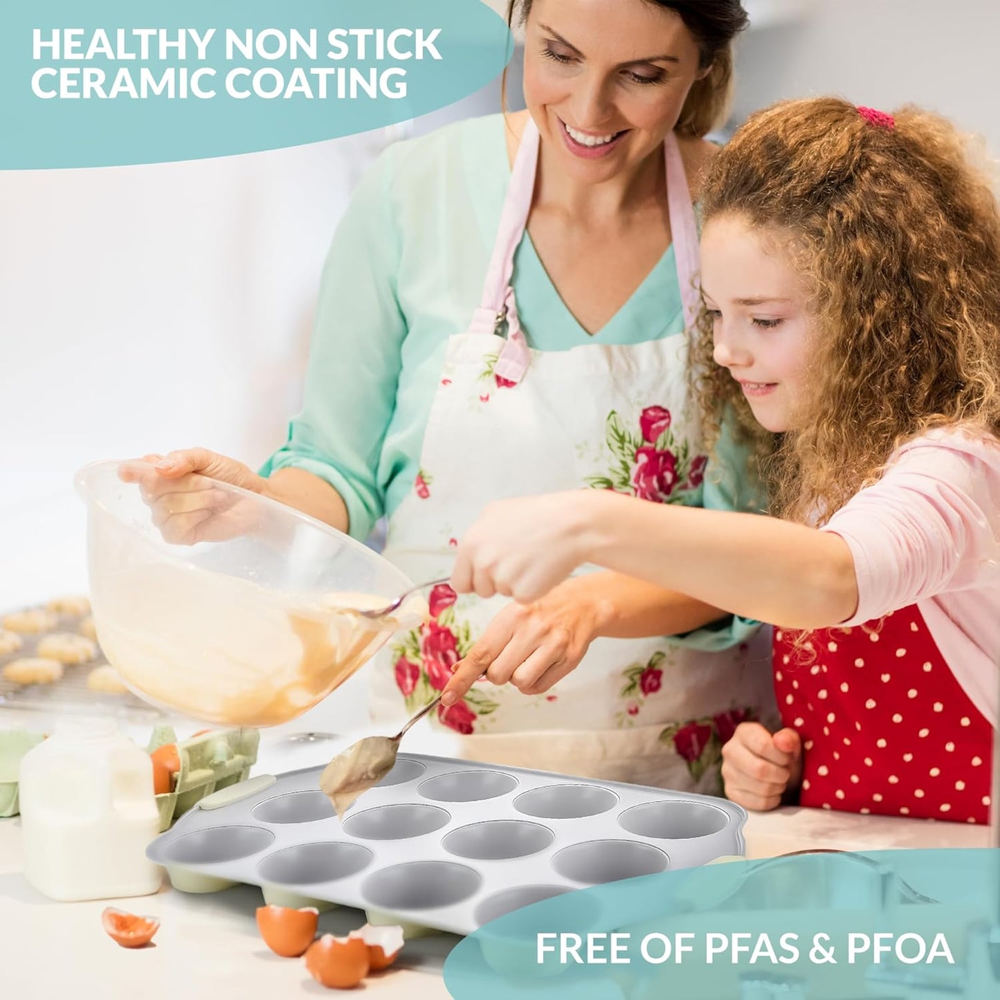 Boxiki Kitchen 12 Cups Ceramic Coated Muffin Pan for Baking - Durable Steel Frame Cupcake Pan w/Nonstick Surface - Professional Muffin Tray with Silicone Handles