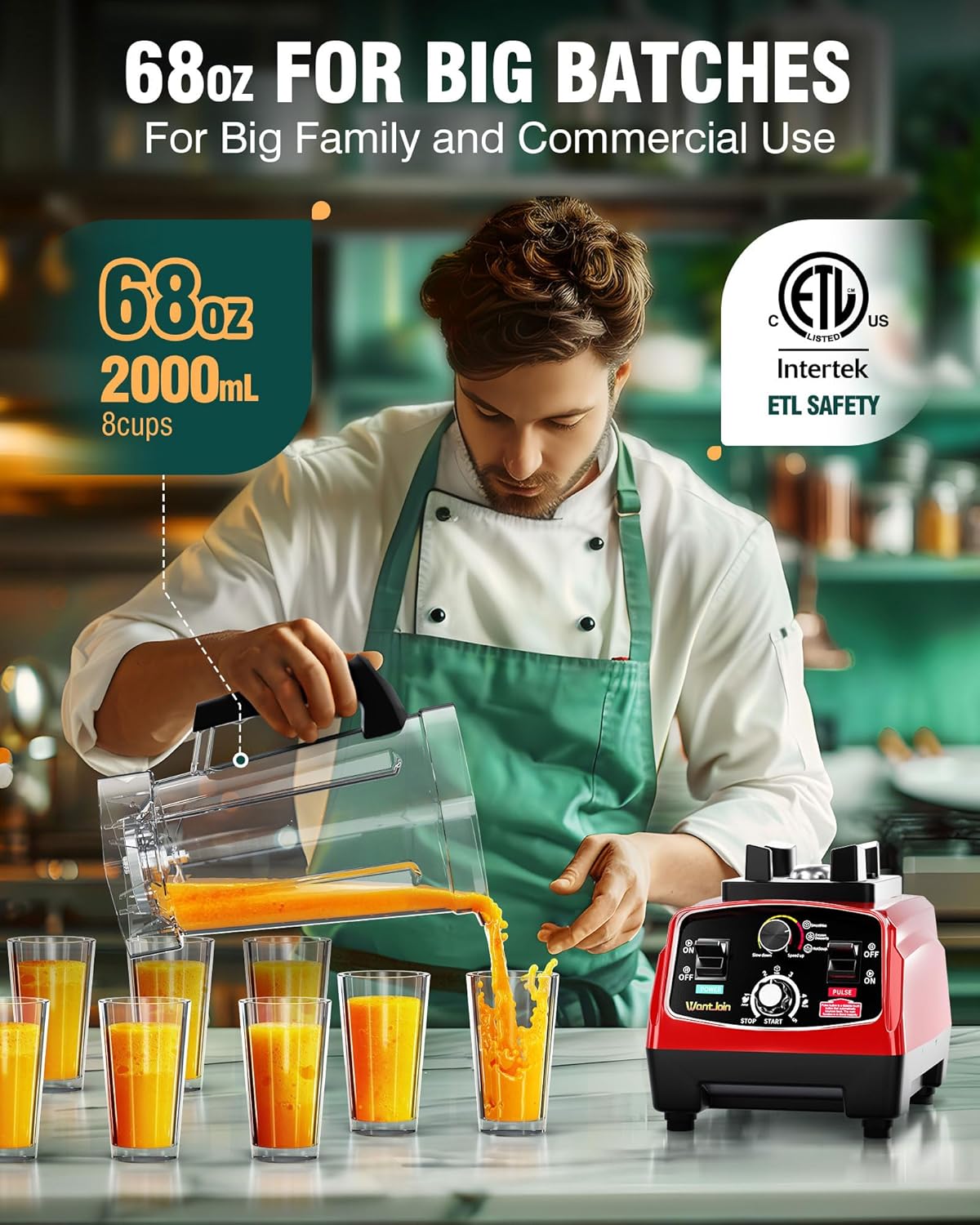 WantJoin Commercial Blender - 68oz Large Capacity Professional Blenders for Kitchen Smoothie Blender w/Powerful 2.5 HP Motor, 15 Speeds, 1-5min Timer, 30000 RPM, High Speed for Catering &Home