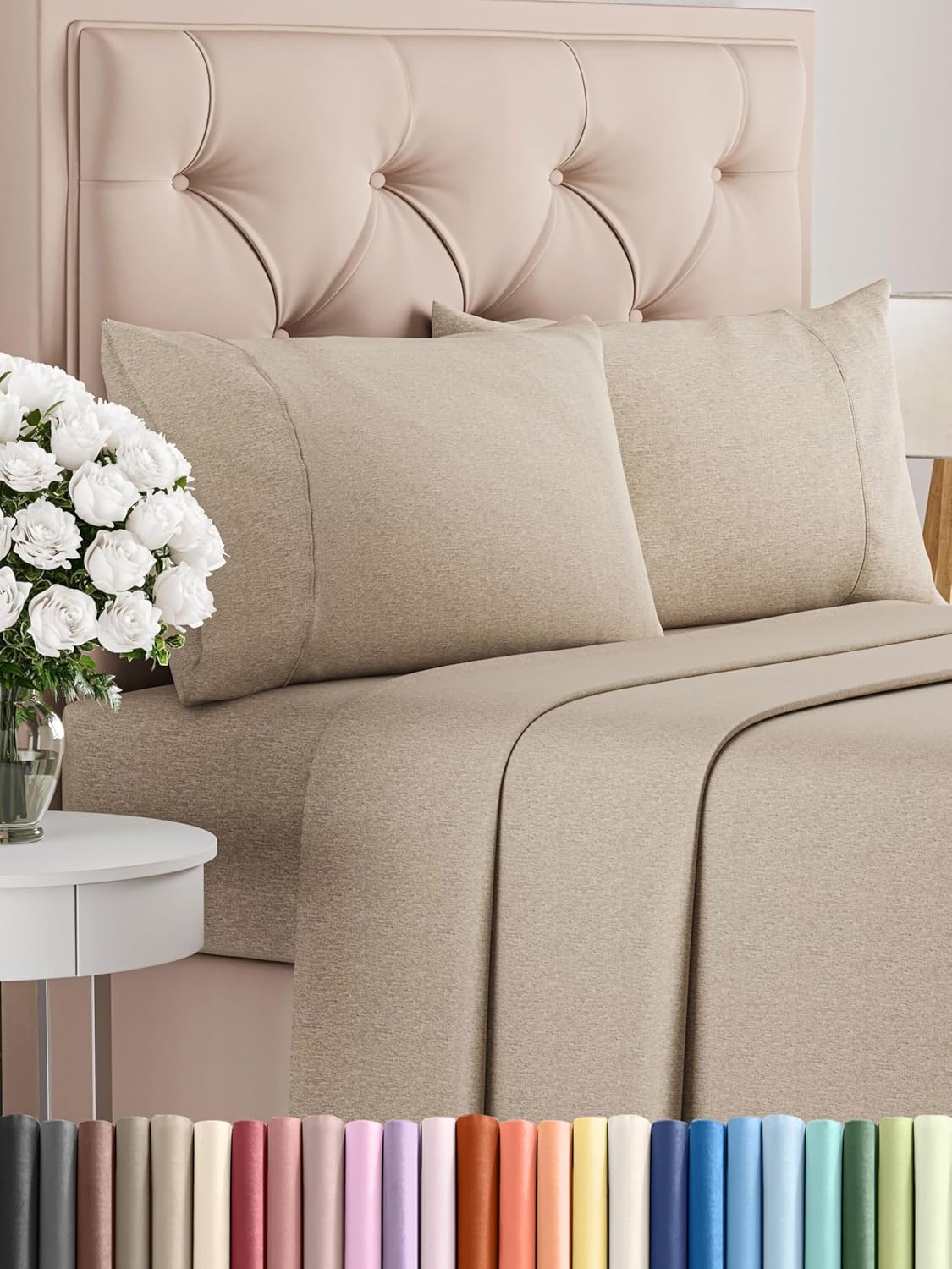 Full Size 4 Piece Sheet Set - Comfy Breathable & Cooling Bed Sheets Set - Hotel Luxury Bedding for Women, Men, Kids, Teens, Boys & Girls - Deep Pockets, Soft & Wrinkle Free - Beige (Heathered Sheets)