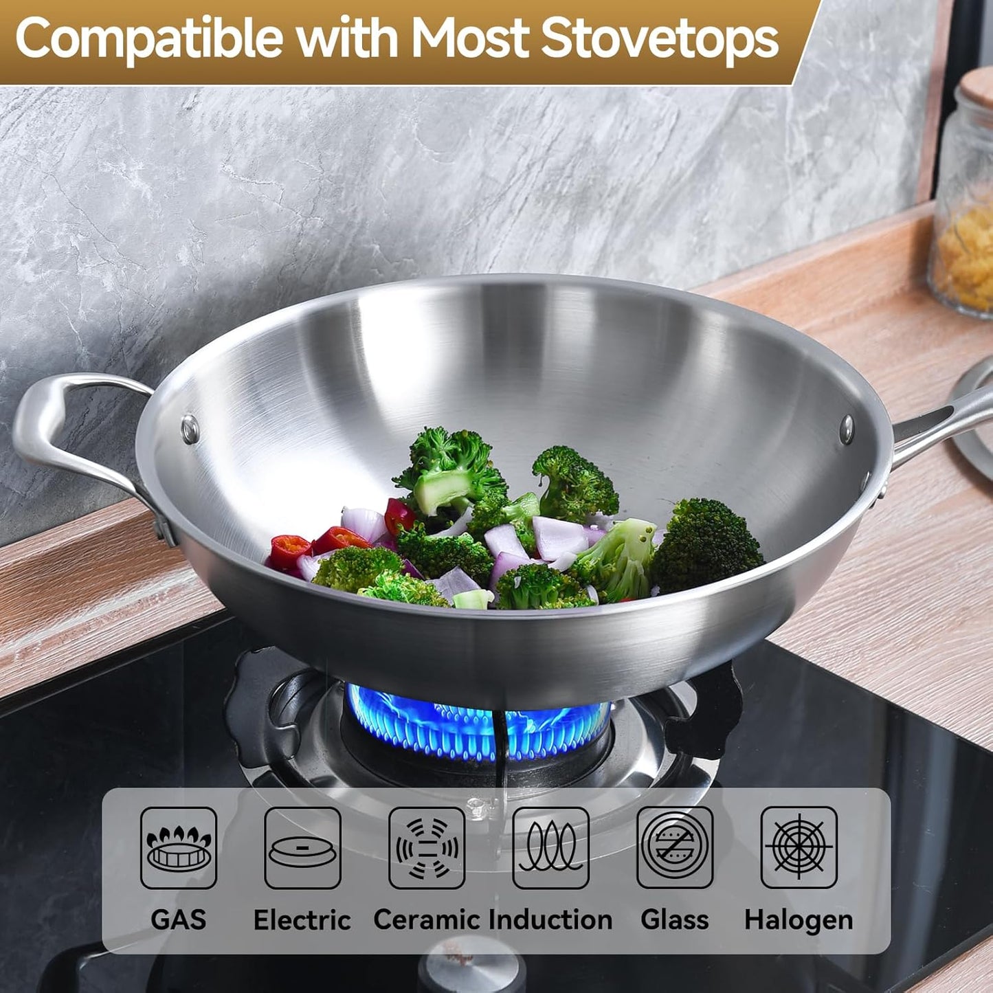 LOLYKITCH 14.5 Inch Tri-Ply Stainless Steel Wok Pan, Stir-Fry Pan,Induction Chef's Cooking Pan,Dishwasher and Oven Safe,Heavy Duty and Detachable Handle