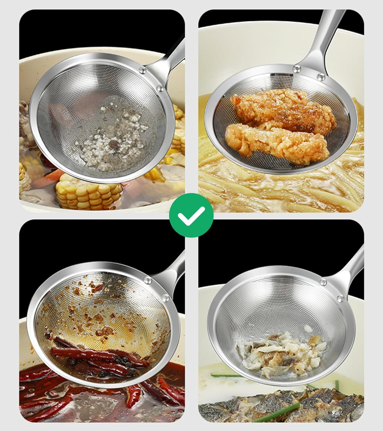 Hot Pot Skimmer Spoon, Fine Mesh Strainer with Long Handle, Broth Foam Filter Ladle for Seafood, Meat and Vegetables (DIA 4.3 Inch)