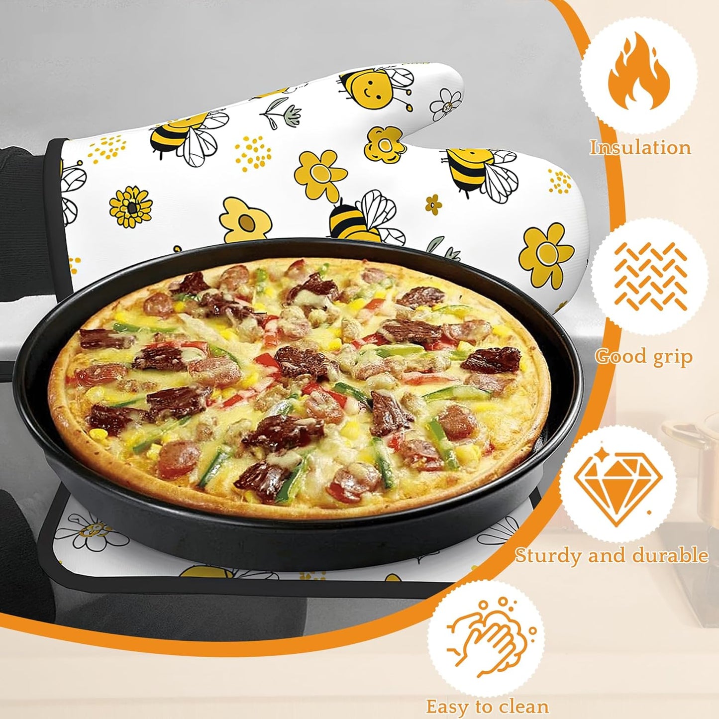 Cute Bee Oven Mitts and Pot Holders,Flower Heat Resistant Oven Mitts Gloves and Pot Holder for Home Kitchen Decorations Cooking Baking BBQ Gifts,Set of 4