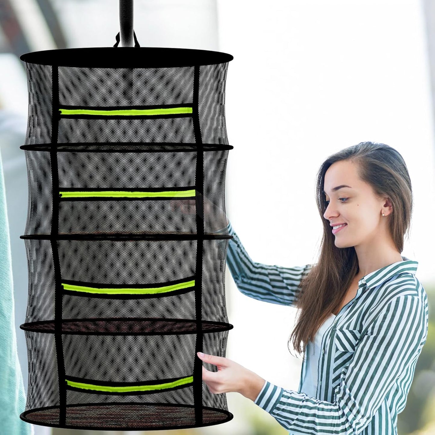 Herb Drying Rack with Mesh Design, Hanging Drying Rack with Green Zipper & Garden Pruning Shears – Versatile Plant Drying Solution (6 Layers)