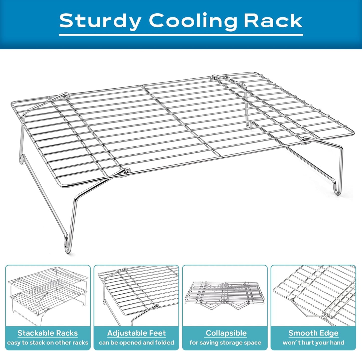 15IN x 10IN Cooling Baking Rack Set of 2, Leonyo 2-Tier Stackable Stainless Steel Wire Baking Cooking Racks Set for Cookie, Pizza, Cup Cake, Raised & Folding Feet