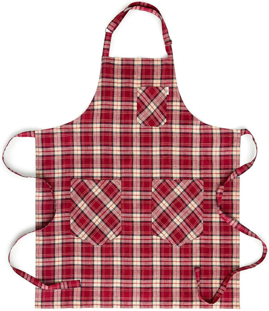 Solino Home Linen Bib Apron for Men & Women - Burgundy Kitchen Apron with Front Pockets - Handcrafted from European Flax