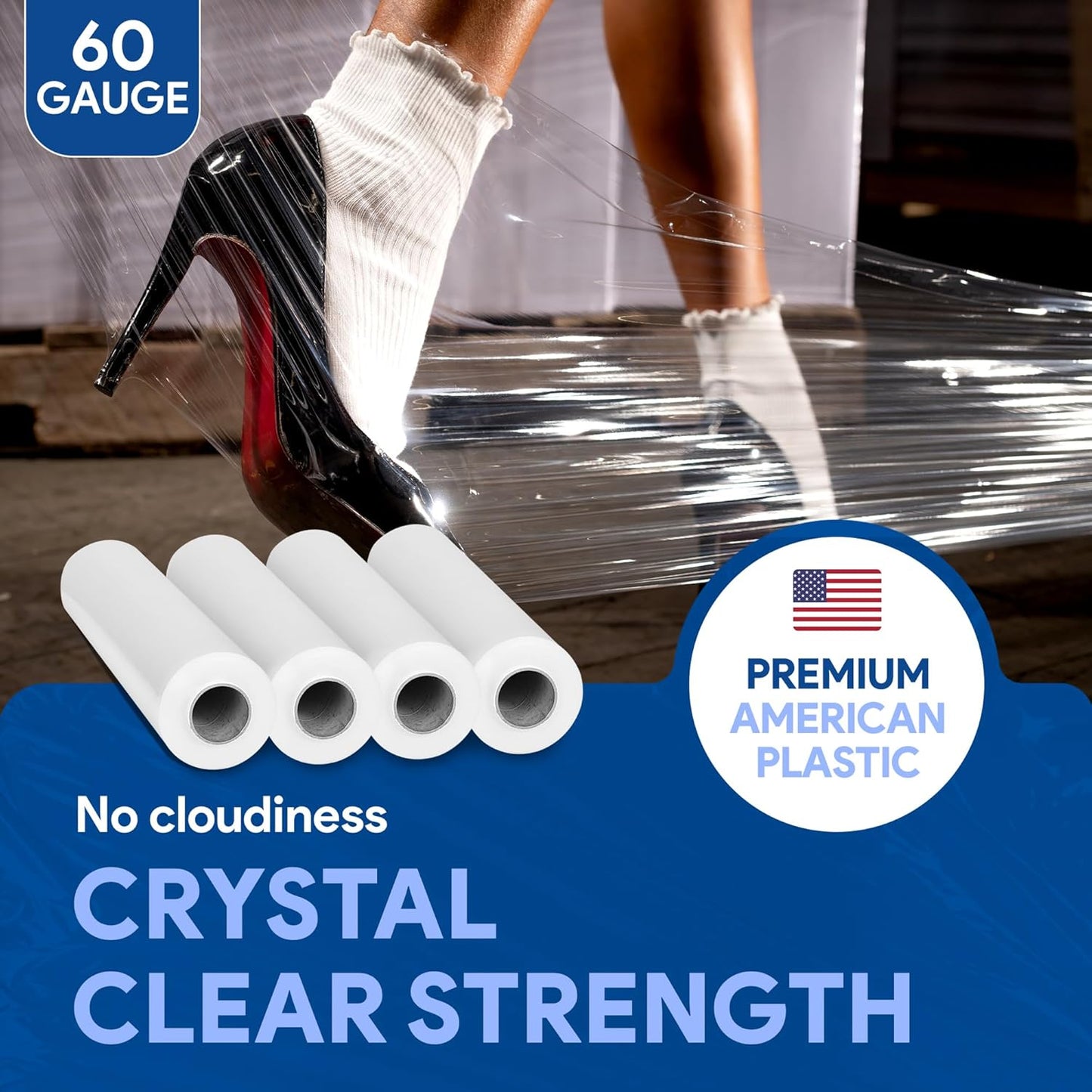 International Plastics Co. 15" Plastic Stretch Film Wrap with Extended Handles 1200ft Each 500% Stretch Clear Cling Durable Adhering Packing Moving Packaging Heavy Duty Shrink