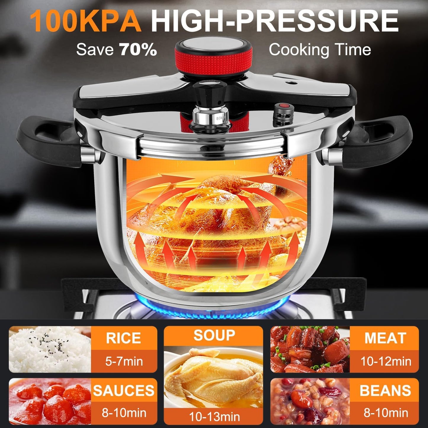 Pressure Cooker 12 QT, Stainess Steel Pressure Canner 12 Quart, Explosion-Proof Cookware, Rotating Lock/Unlock Lid, One-handed lid opening, Thickened Silicone Ring And Anti-scald Handle, Silver