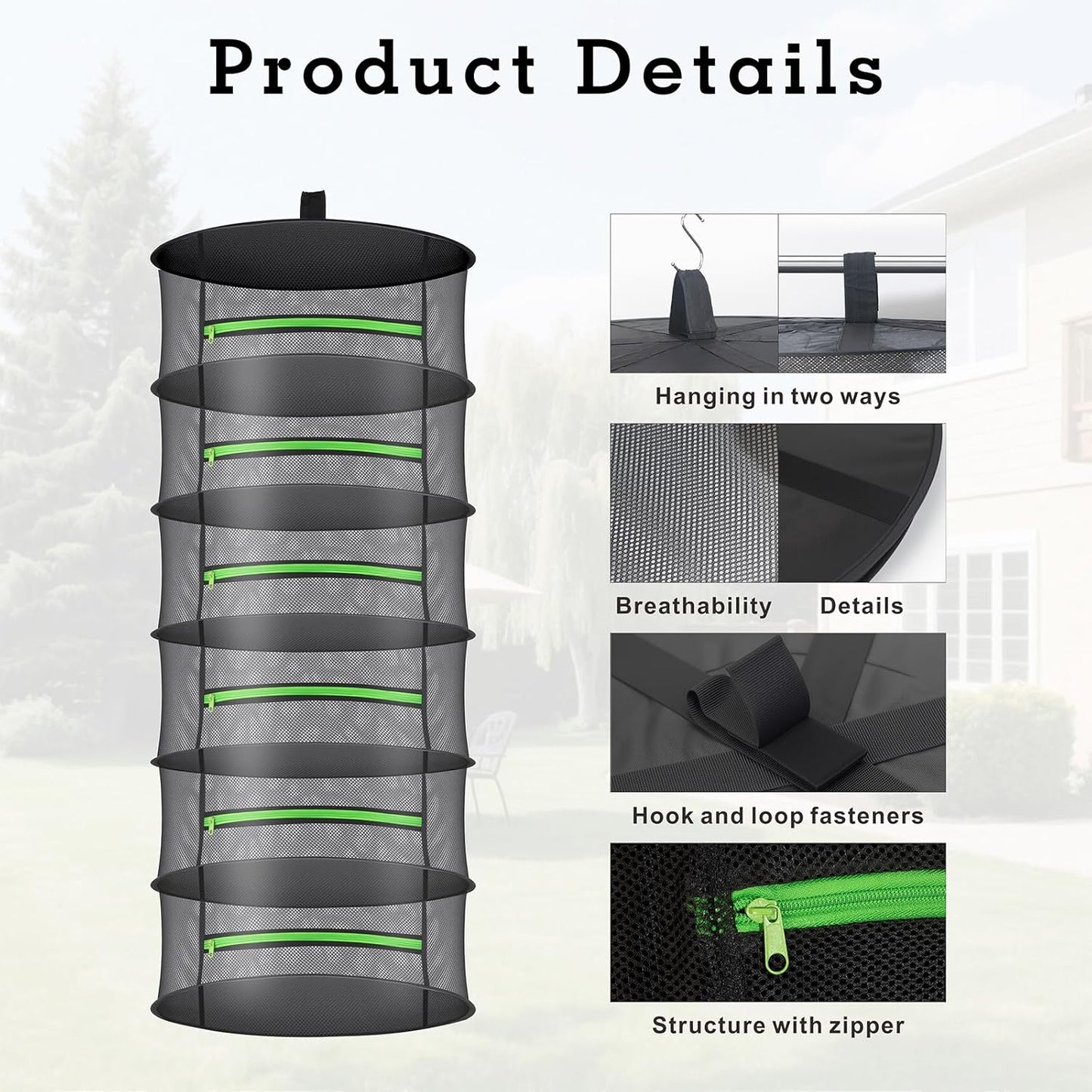 Herb Drying Rack with Mesh Design - Hanging Herb Dryer with Green Zipper for Garden, Home, Indoor or Outdoor Use (6layer)