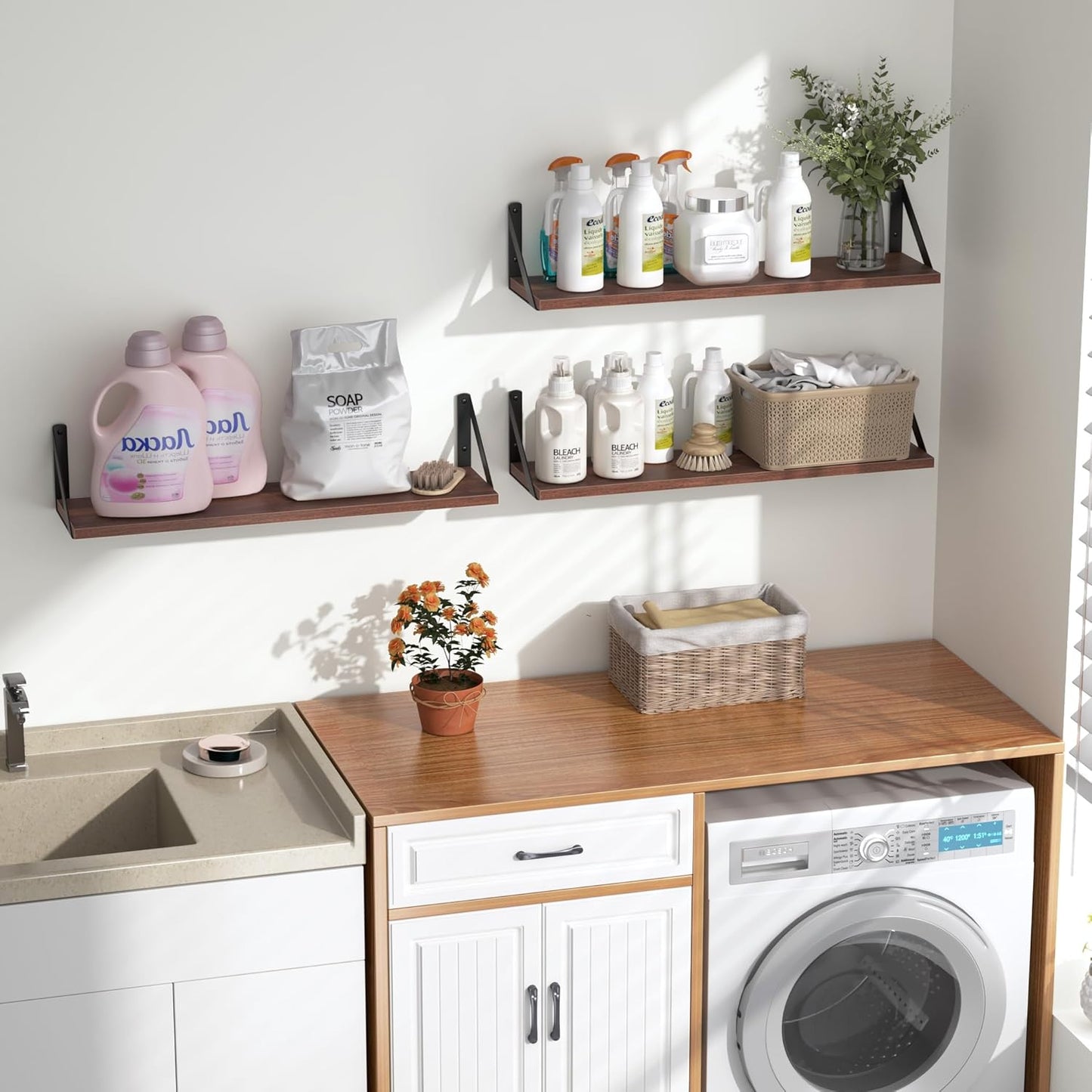 Heimlove Floating Shelves for Wall, 24 Inch Long Wood Floating Shelves Set of 3, Wall Mounted Hanging Shelf for Bathroom Bedroom Kitchen, Walnut