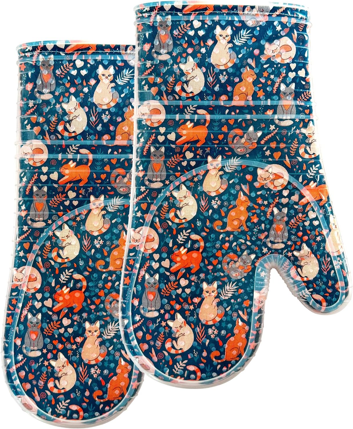 Oven Mitts Set of 2 with Transparent Clear Silicone Shell and Nice Dog Printing Cotton Lining, Heat Resistant to 500 F Kitchen Oven Gloves Pot Holder for Cooking (Navy, Cat, Oven Mitts)