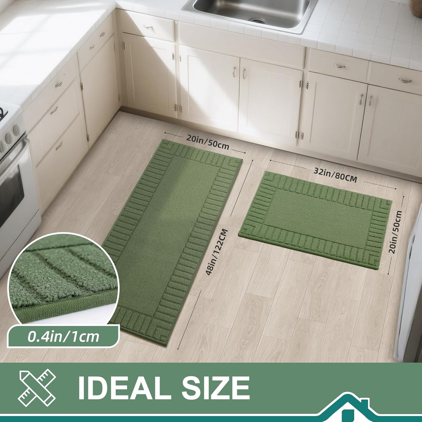 BEQHAUSE-Kitchen-Rugs-Non Slip-Kitchen-Mats- for-Floor Machine Washable Kitchen Rugs 2 Pieces Kitchen Carpet Runner with TPR Backing,Green,20x30inch/20x48inch