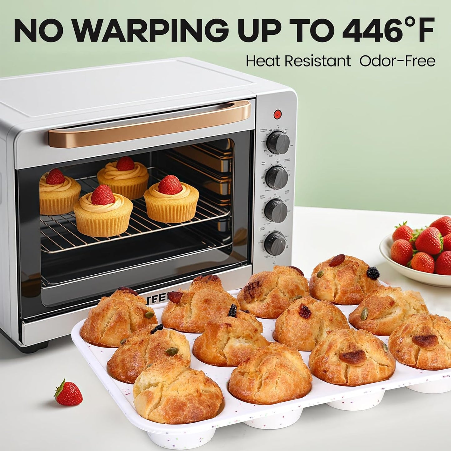 Muffin Pan - 12 Cups Silicone Muffin Pan Non-Stick Food Grade Silicone Cupcake Pan for Muffins,Tart, BPA Free - Standard Cup Size - Diameter 2.8" Depth 1.2" - Set of 2 Cream With Rainbow Dots