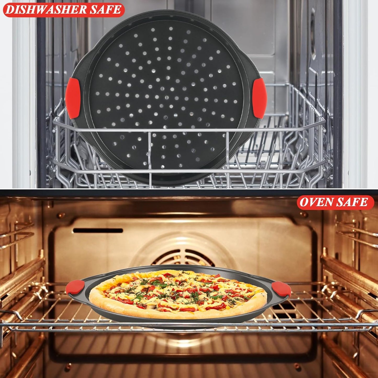 4 Pack Pizza Pan for Oven Round Pizza Pan with Holes & Handle Large Pizza Tray Set Metal Non Stick Pizza Plates Perforated Pizza Baking Sheet Carbon Steel Personal Platter for Grilling Cooking