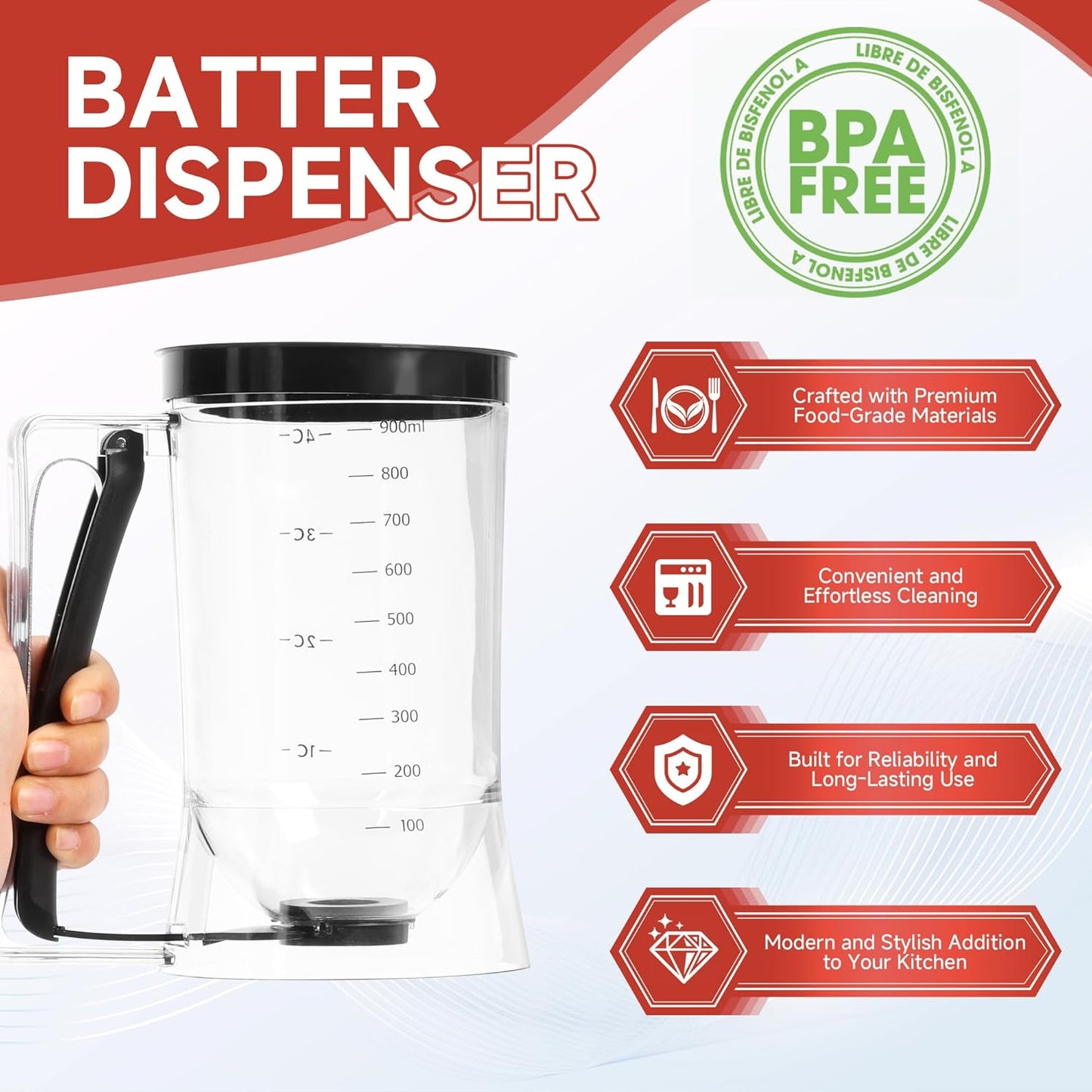 FUNGYAND Pancake Batter Dispenser, 900ML 4 Cups Capacity – Easy-Pour Tool for Pancakes, Cupcakes, Waffles, Muffins & More – Precise Baking with Squeeze Handle - Black