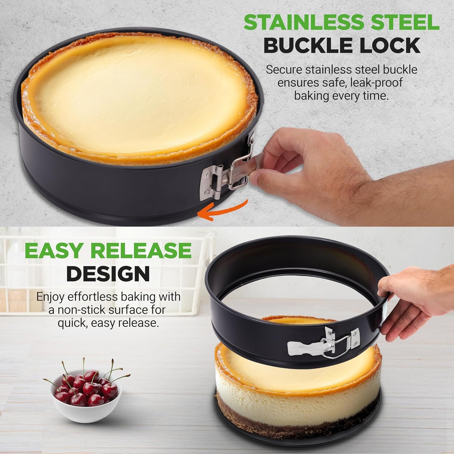 NutriChef 3 Piece Nonstick Springform Pan Set | 3 Tiered Sizes 6, 8 & 10 Inch Pans | Carbon Steel Cheesecake Pans | Stainless Steel Clasps | Oven Safe to 450 F | Includes 300 Parchment Papers | Black