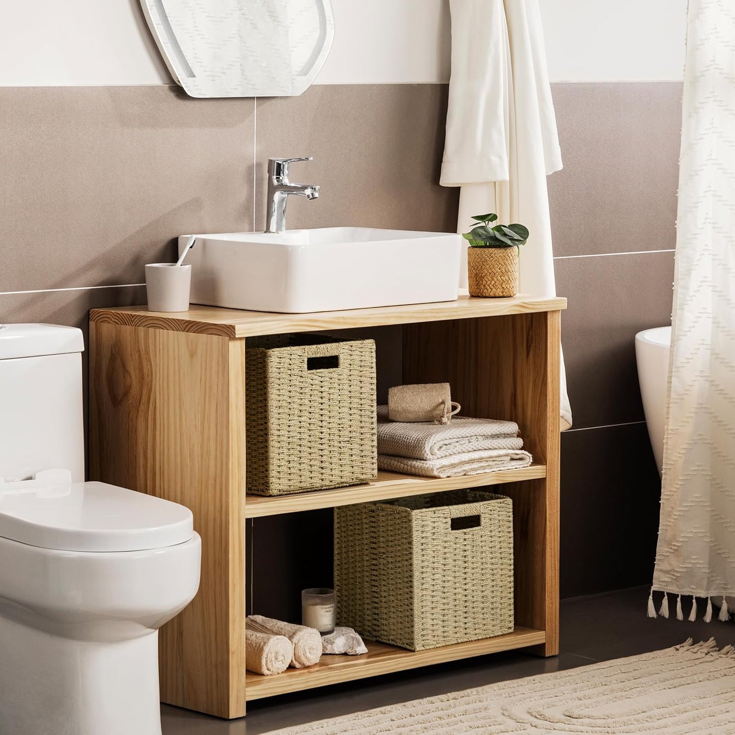 UBBCARE 3 Pack Wicker Basket, 11L×11H×10.5W inch Woven Paper Rope Storage Baskets for shelves, Foldable Cube Storage bin with Handle, Storage Basket for Organizing & Decor, Natural