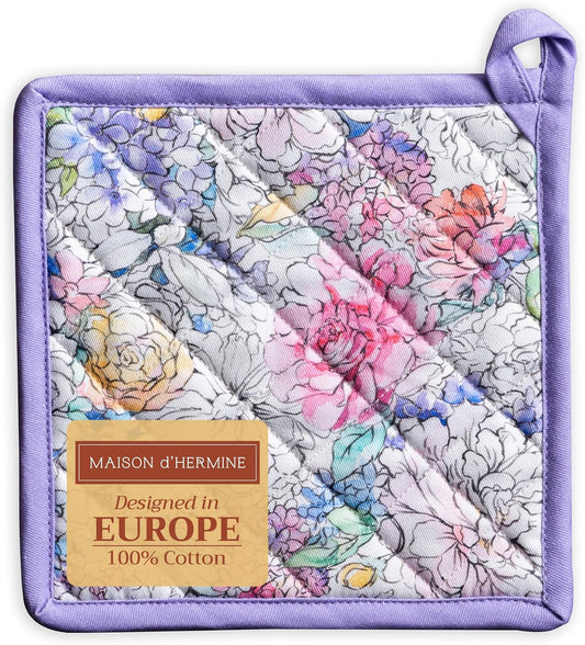 Maison d' Hermine Pot Holders 100% Cotton Heat Resistant Potholders 8" x 8" Hot Pads with Loop BBQ, Cooking, Baking, Grilling, Kitchen, Handling Hot Pans Spring/Summer (Pack of 1, Floral Love)