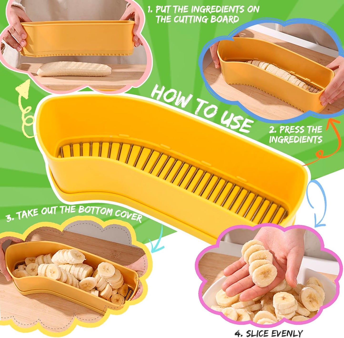 Fruit Slicer Banana Cutter, Strawberry Slicer, Cucumber, Speed for Egg Hot Dog Grape, Strawberry Cutter kitchen gadget(Yellow)