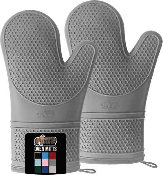 GORILLA GRIP BPA-Free Soft Silicone Oven Mitts, Heat Resistant and Waterproof Cooking Gloves, Thick Cotton Lining, Flexible Gripping for Baking Grilling, Kitchen Potholders Set of 2, 12.5x8.3, Gray