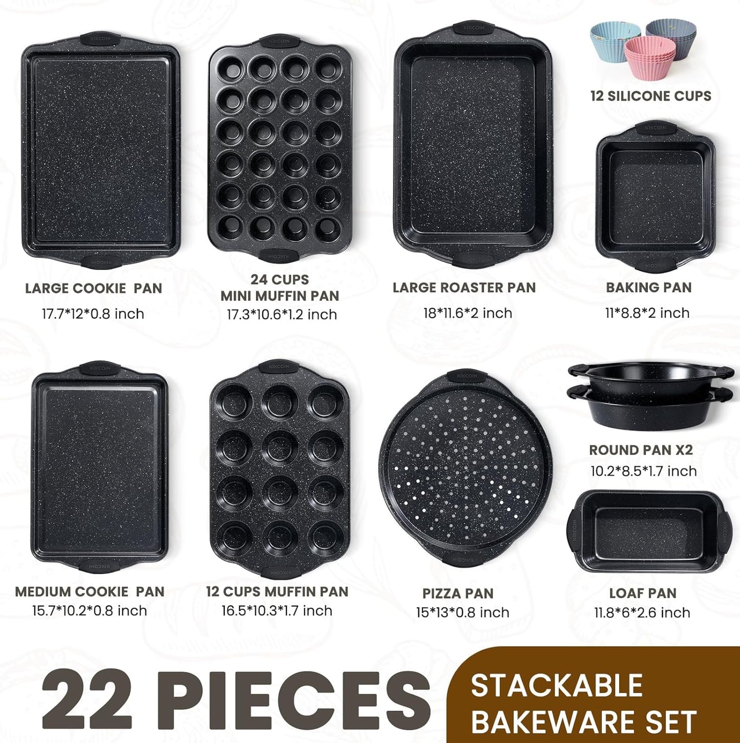 Kikcoin 22 PCS Nonstick Baking Pans Set, Stackable Bakeware Sets with Silicone Handles, 450°F Oven Safe Baking Sheet set, Easy Release Cookie Sheets for Baking, Black