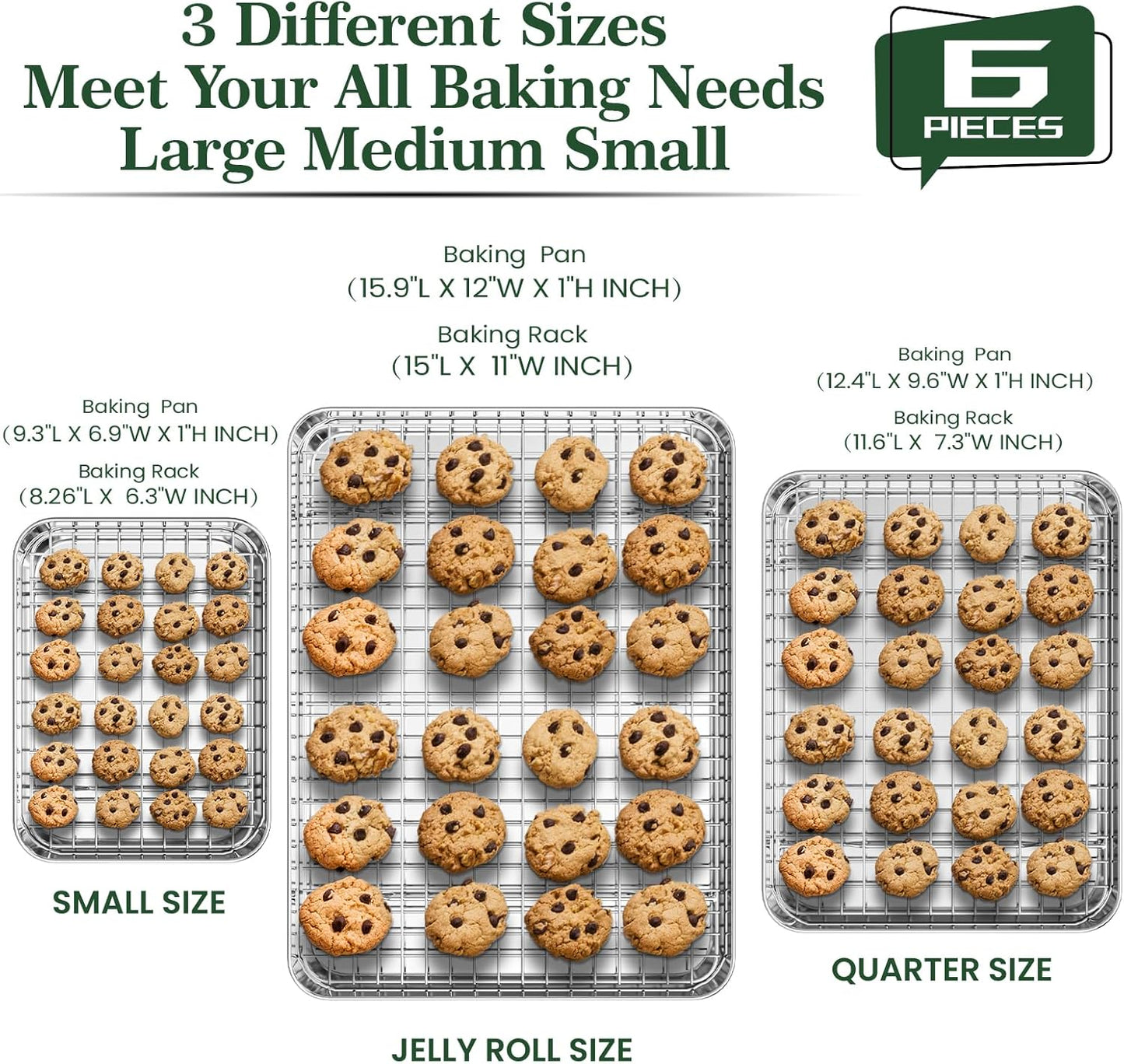 Stainless Steel Cookie Sheets, Baking Sheet Pan Set of 3 with Wire Cooling Rack, Non Stick and Heavy Duty and Easy Clean, 9/12/16 Inch