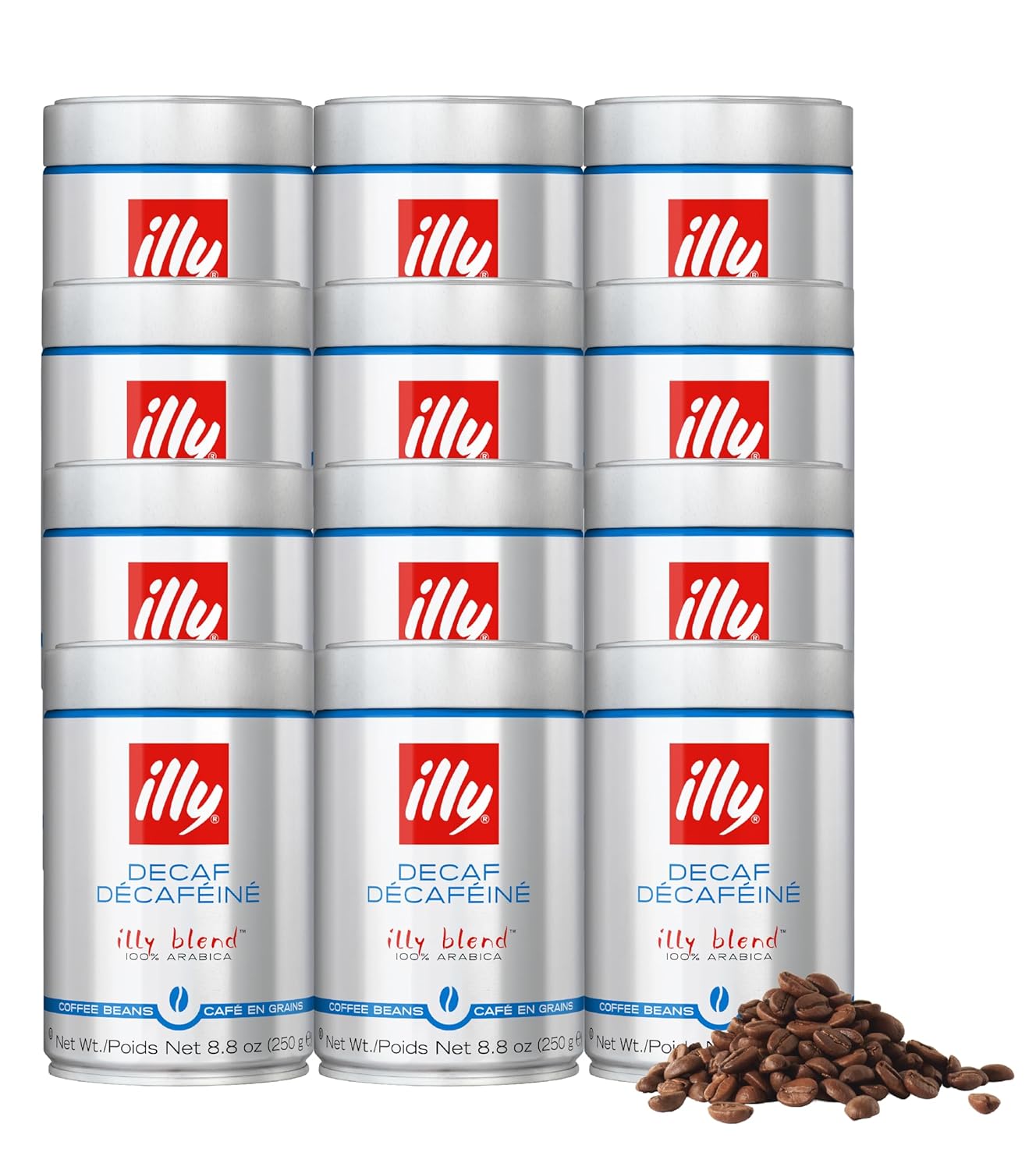 Illy Whole Bean Coffee, Decaffeinated - Medium Roast - Mild & Balanced - 100% Arabica - Whole Beans - Pressurized Packaging Sealed for Freshness - 8.8oz can (Pack of 12)
